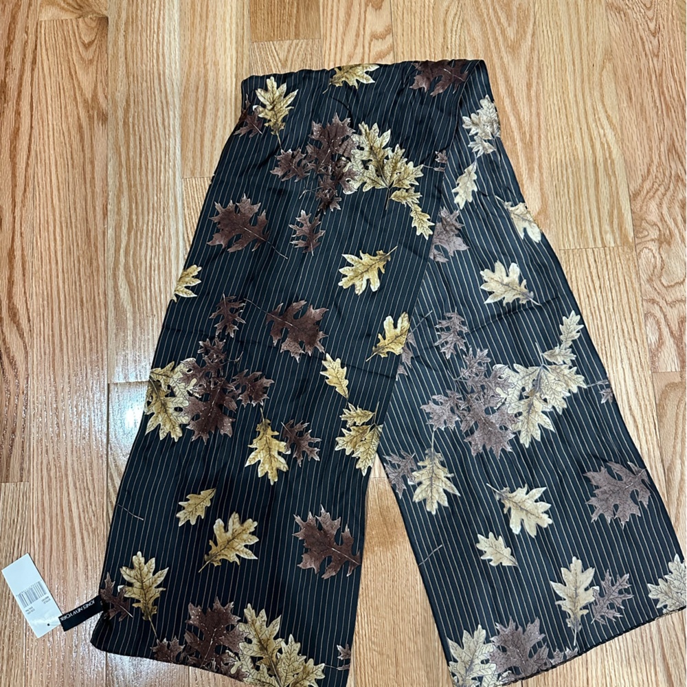 Jones New York Black Pinstripe Scarf with Metallic Leaf Accents